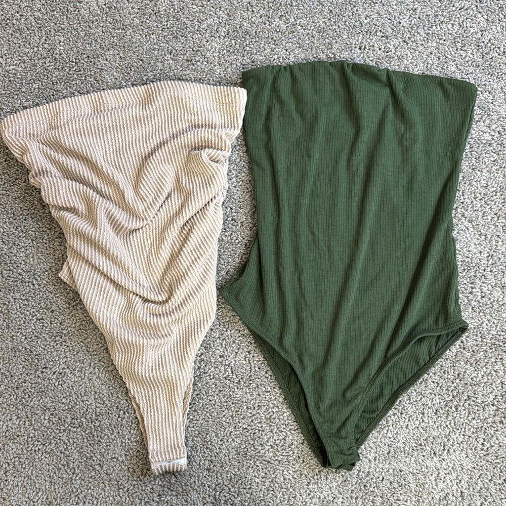 Ribbed Bodysuit Set in Cream and Green
